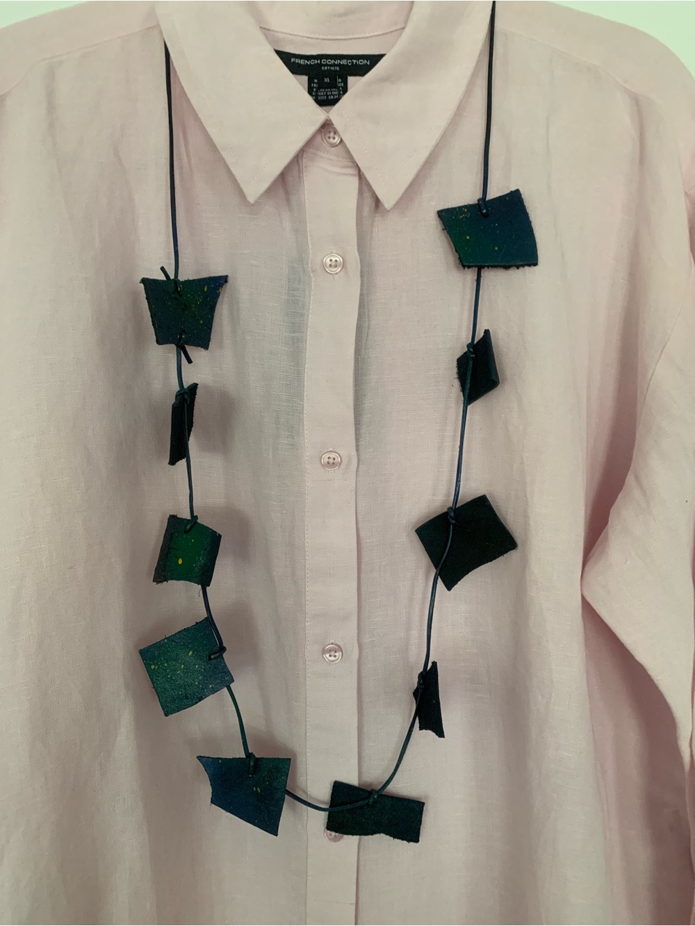 Handmade Blue-Green recycled Leather Square Bead Necklace from Jianhui London